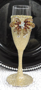 Gold Glitter Wine Flute with Rhinestone Butterfly