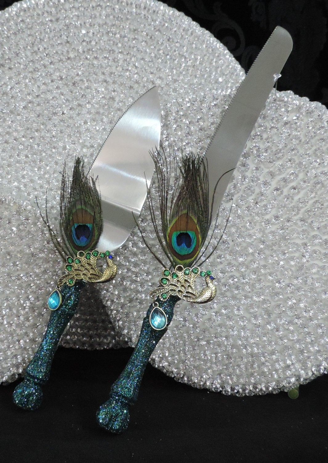 Cake Server Set - Teal Glitter with Peacock Feathers – Unique Weddings by  Craft Haven
