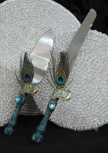 Cake Server Set - Teal Glitter with Peacock Feathers