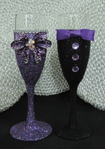 Purple Multi Glitter Wine Flute with Rhinestone Butterfly