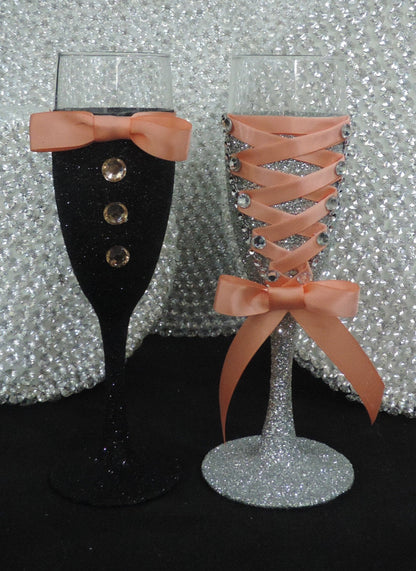 Corset Wine/Champagne Flute Glass - Silver Glitter with Peach Lace up