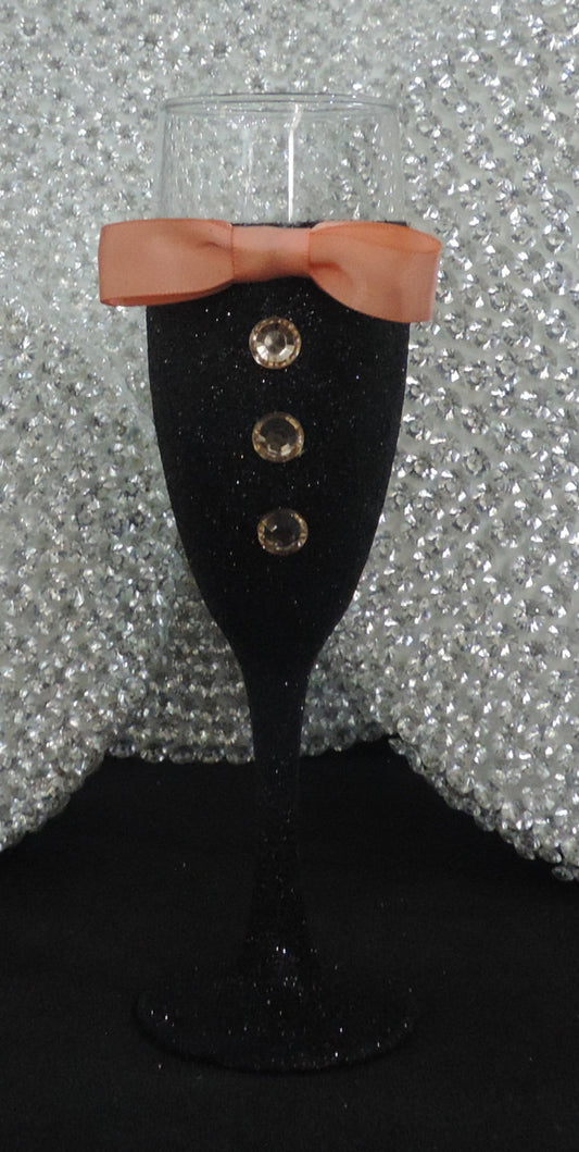 Black Glitter Tuxedo Wine Glass with Peach Bow Tie