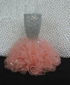 Silver Glitter Wine Flute with Peach/Coral Tulle Skirt