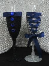 Load image into Gallery viewer, Corset Wine Flute Glass - Silver Glitter with Navy Lace up