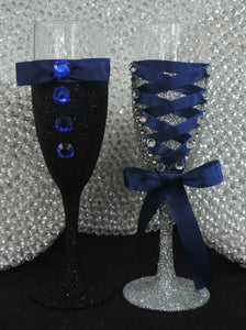 Corset Wine Flute Glass - Silver Glitter with Navy Lace up