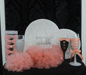 Corset Wine/Champagne Flute Glass - Silver Glitter with Peach Lace up
