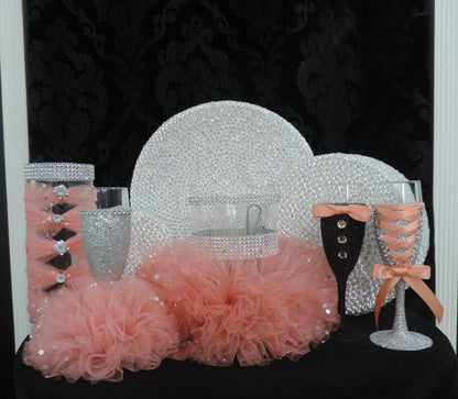 Silver Glitter Wine Flute with Peach/Coral Tulle Skirt