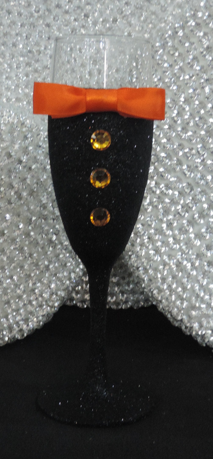 Black Glitter Tuxedo Wine/Champagne Flute Glass with Orange Bow Tie