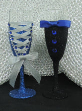 Load image into Gallery viewer, Corset Wine/Champagne Flute Glass - Royal Blue Glitter with Silver Lace up