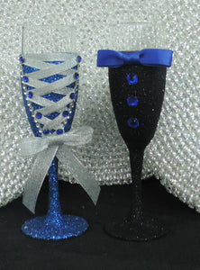 Corset Wine/Champagne Flute Glass - Royal Blue Glitter with Silver Lace up