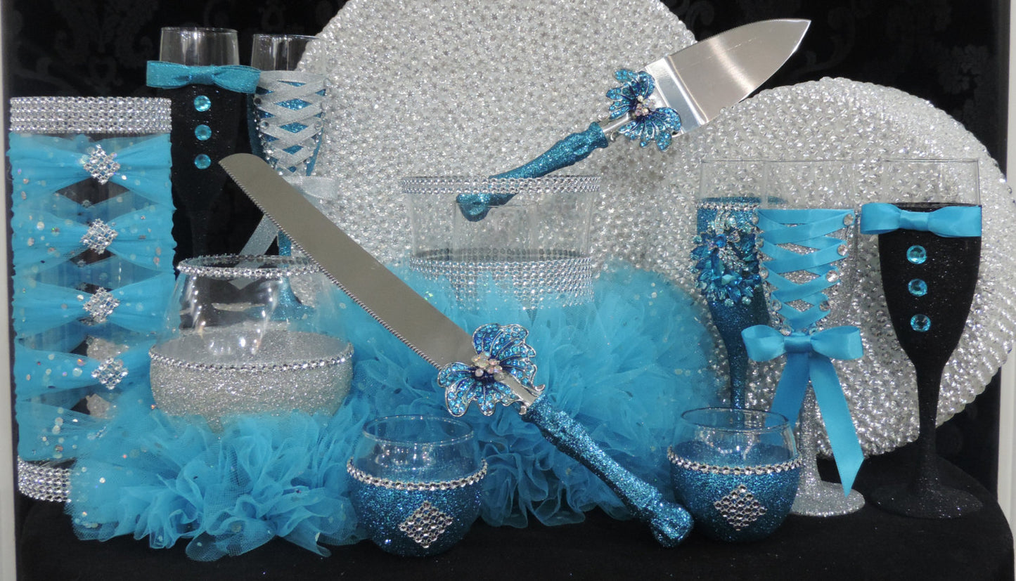 Turquoise Glitter Wine Flute with Rhinestone Butterfly