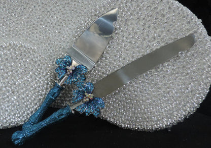 Luxury Cake Server Set - Turquoise Glitter Butterfly