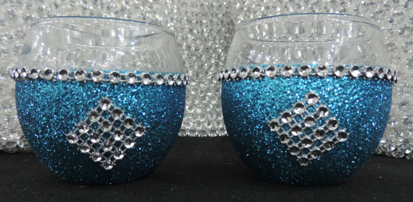 Turquoise Glitter Candle Holders - Set of 4