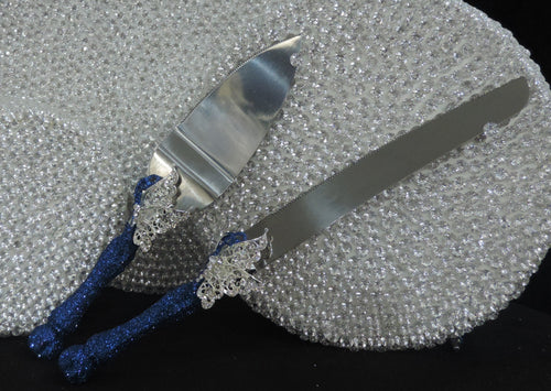 Cake Server Set - Royal Blue Glitter with Silver Butterfies