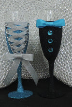 Load image into Gallery viewer, Corset Wine Glass - Turquoise Glitter with Silver Lace up