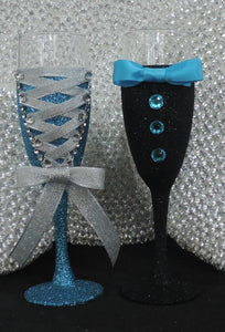 Corset Wine Glass - Turquoise Glitter with Silver Lace up