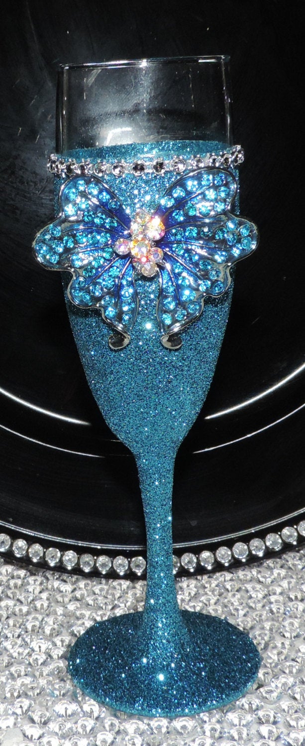 Turquoise Glitter Wine Flute with Rhinestone Butterfly
