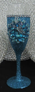 Turquoise Glitter Wine Flute with Chunky Jewels
