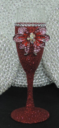 Red Glitter Wine Flute with Rhinestone Butterfly