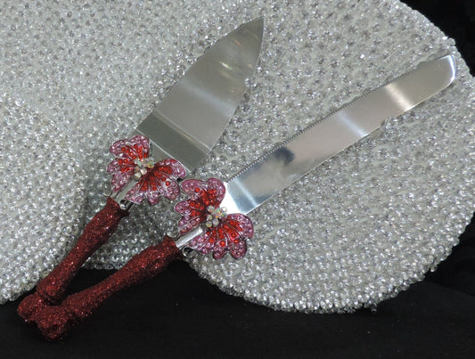 Luxury Cake Server Set - Red Glitter Butterfly