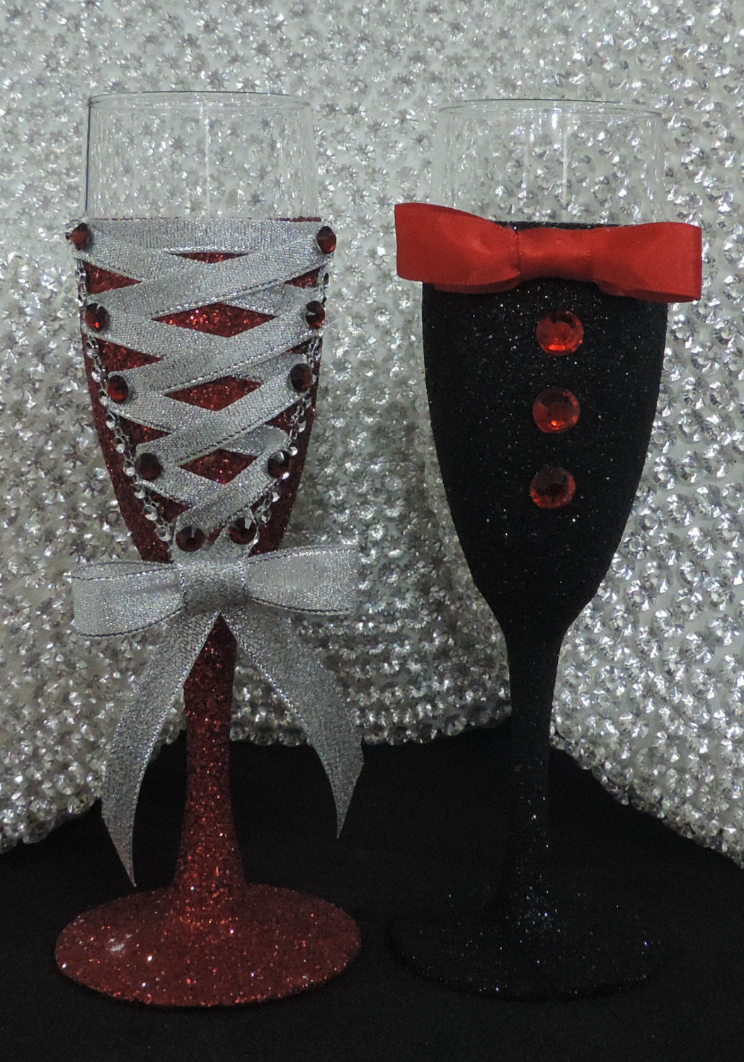 Corset Wine/Champagne Flute Glass - Red Glitter with Silver Lace up