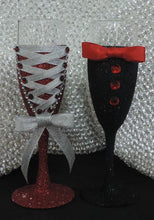 Load image into Gallery viewer, Corset Wine/Champagne Flute Glass - Red Glitter with Silver Lace up