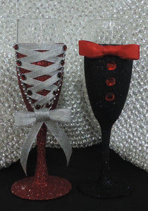 Corset Wine/Champagne Flute Glass - Red Glitter with Silver Lace up
