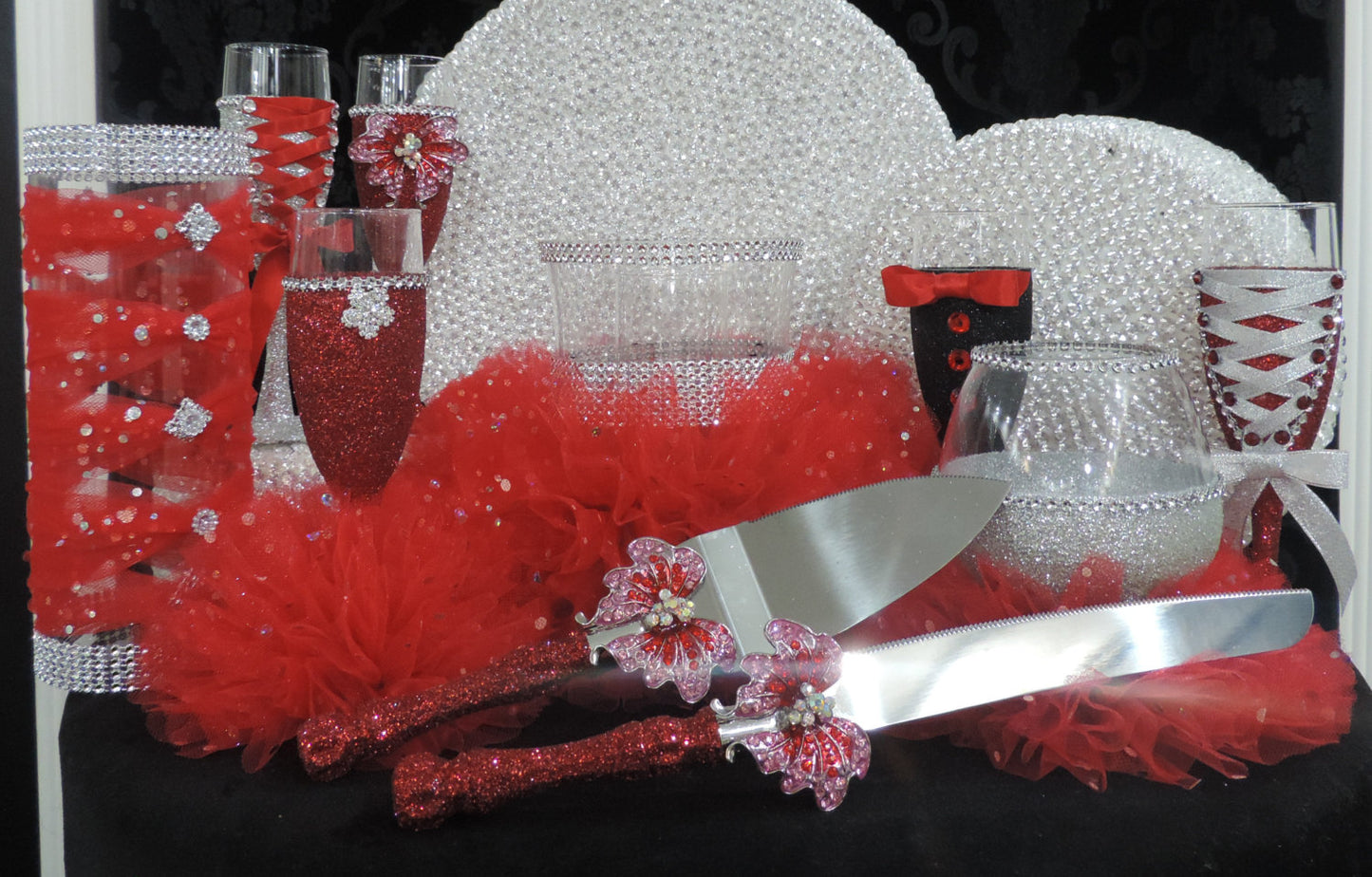 Corset Wine/Champagne Flute Glass - Red Glitter with Silver Lace up