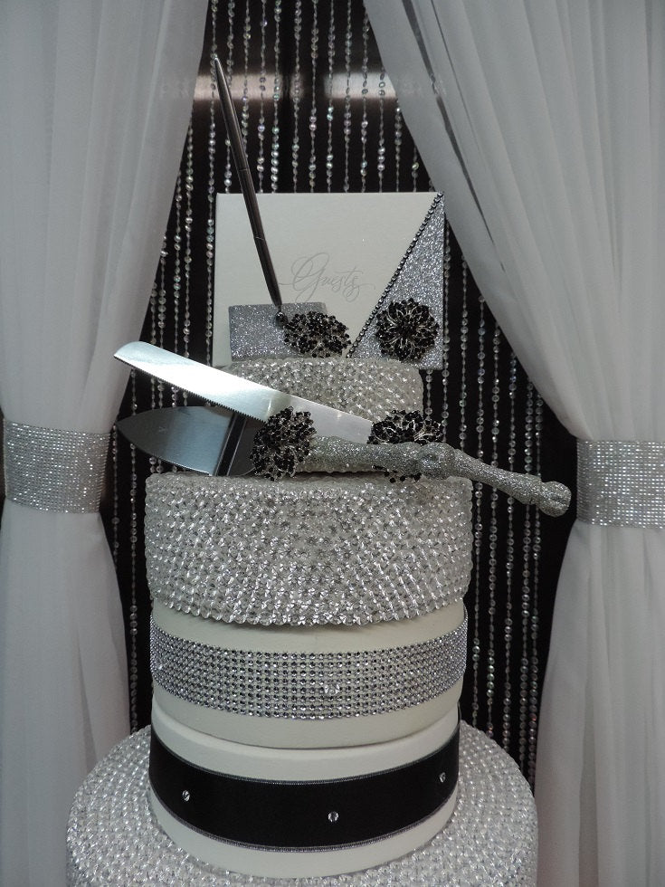 Silver Glitter/Black Three Piece Wedding Set - Guestbook, Pen, Knife & Server Set