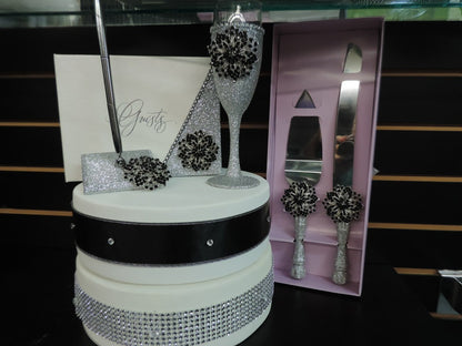 Silver Glitter/Black Three Piece Wedding Set - Guestbook, Pen, Knife & Server Set