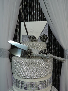 Silver Glitter/Black Three Piece Wedding Set - Guestbook, Pen, Knife & Server Set