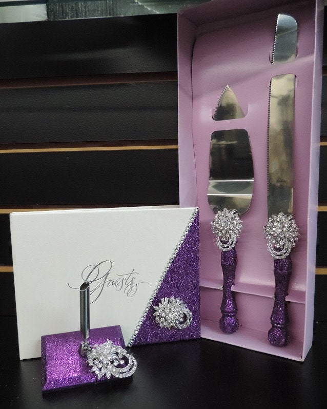Deep Purple Glitter 3 Piece Wedding Set - Guestbook, Pen, Knife & Server Set