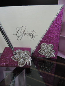 Fuchsia Glitter Three Piece Wedding Set - Guestbook, Pen, Knife & Server Set