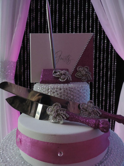 Fuchsia Glitter Three Piece Wedding Set - Guestbook, Pen, Knife & Server Set