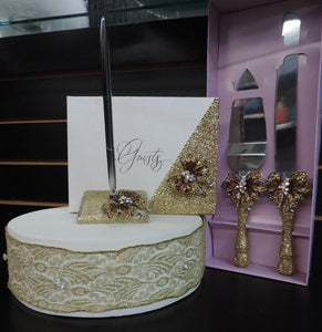 Gold Glitter/Butterfly Wedding Set - Guestbook, Pen, Knife & Server Set