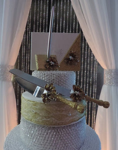 Gold Glitter/Butterfly Wedding Set - Guestbook, Pen, Knife & Server Set