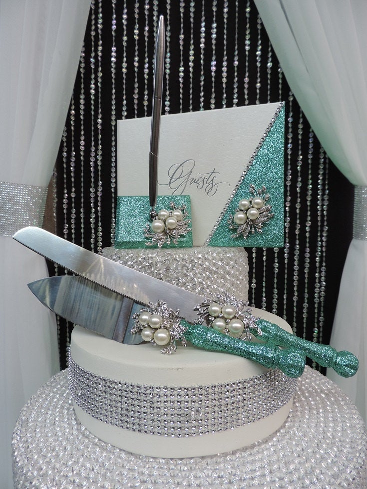 Seamist Glitter/Pearl Three Piece Wedding Set - Guestbook, Pen, Knife & Server Set