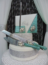 Load image into Gallery viewer, Seamist Glitter/Pearl Three Piece Wedding Set - Guestbook, Pen, Knife &amp; Server Set