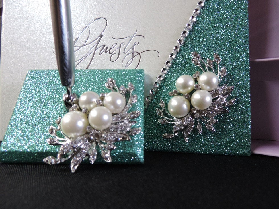 Seamist Glitter/Pearl Three Piece Wedding Set - Guestbook, Pen, Knife & Server Set