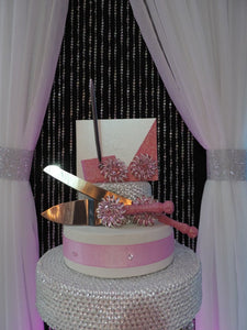 Light Pink Glitter Three Piece Brooch Wedding Set - Guestbook, Pen, Knife & Server Set