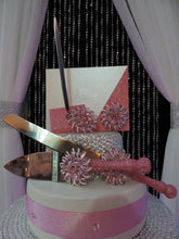 Load image into Gallery viewer, Light Pink Glitter Three Piece Brooch Wedding Set - Guestbook, Pen, Knife &amp; Server Set