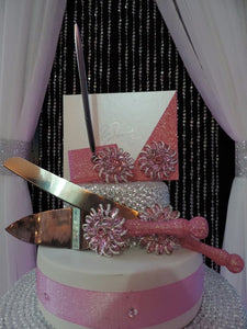 Light Pink Glitter Three Piece Brooch Wedding Set - Guestbook, Pen, Knife & Server Set