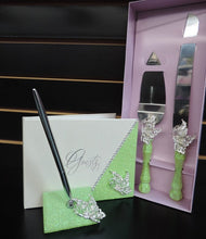 Load image into Gallery viewer, Lime Green Glitter/Butterfly Three Piece Wedding Set - Guestbook, Pen, Knife &amp; Server Set