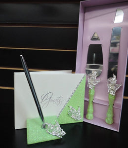 Lime Green Glitter/Butterfly Three Piece Wedding Set - Guestbook, Pen, Knife & Server Set