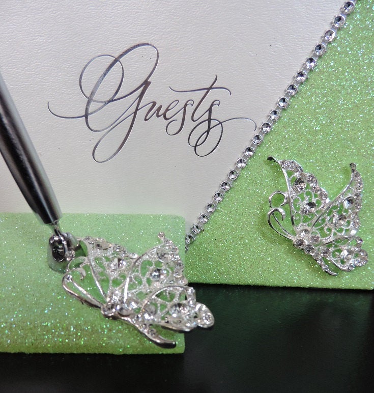 Lime Green Glitter/Butterfly Three Piece Wedding Set - Guestbook, Pen, Knife & Server Set