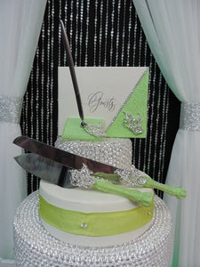 Lime Green Glitter/Butterfly Three Piece Wedding Set - Guestbook, Pen, Knife & Server Set