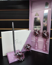 Load image into Gallery viewer, Rose Pink Glitter Three Piece Wedding Set - Guestbook, Pen, Knife &amp; Server Set