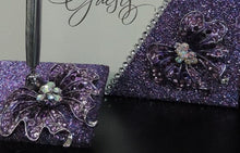 Load image into Gallery viewer, Purple Multi Glitter Butterfly Three Piece Wedding Set - Guestbook, Pen, Knife &amp; Server Set