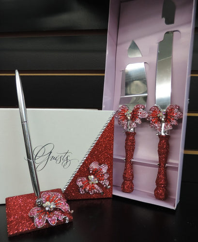 Red Glitter/Butterfly Three Piece Wedding Set - Guestbook, Pen, Knife & Server Set