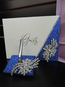 Royal Blue Glitter Three Piece Wedding Set - Guestbook, Pen, Knife & Server Set